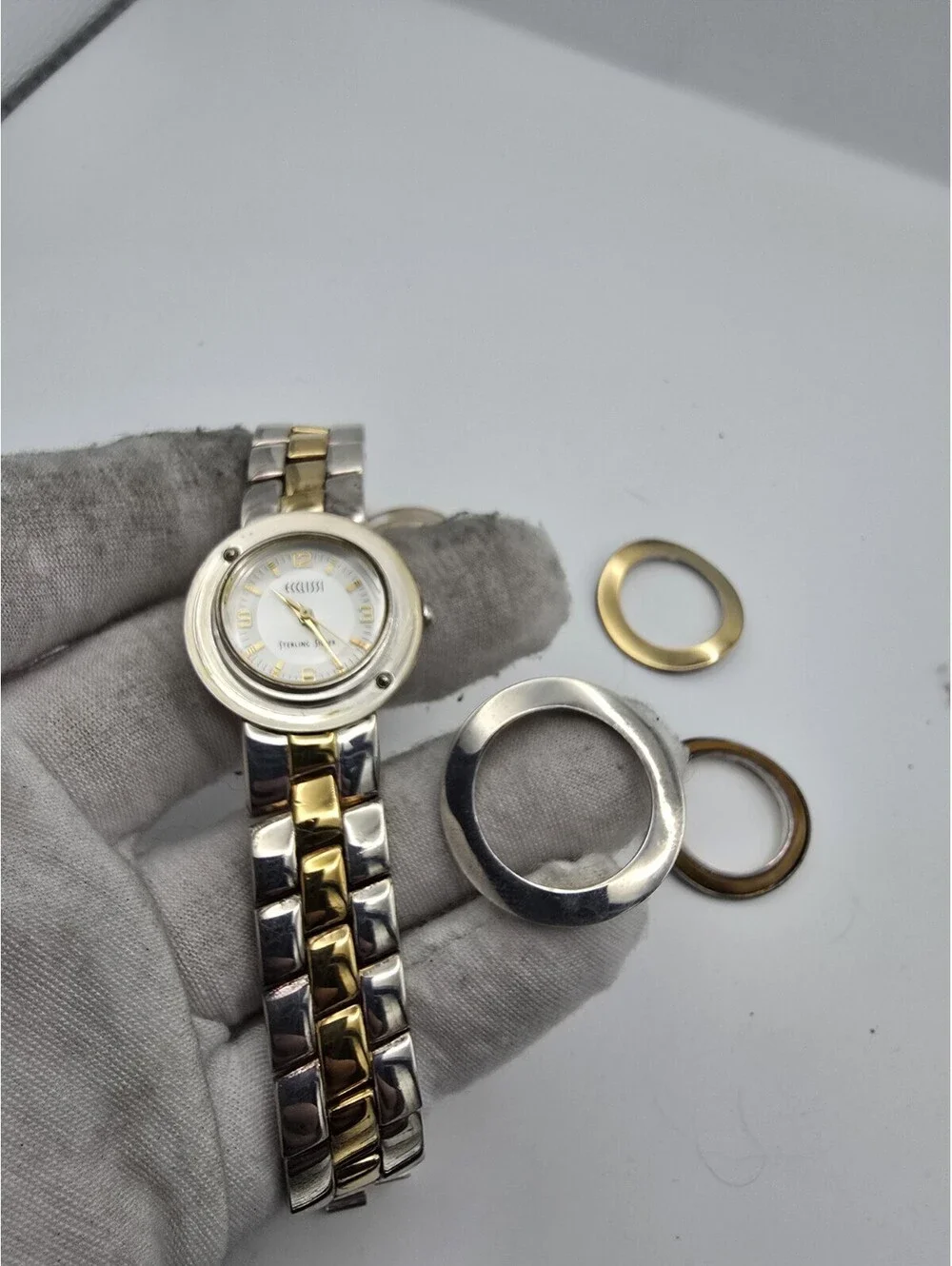 Ecclissi Two Tone Sterling Silver White Dial Ladies Watch With Extra Bezels
